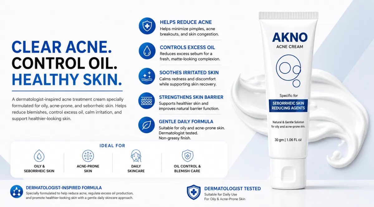 AKNO Acne Cream for oily and acne-prone skin with dermatologist-tested formula that helps reduce pimples, control excess oil, soothe irritated skin, and strengthen the skin barrier.