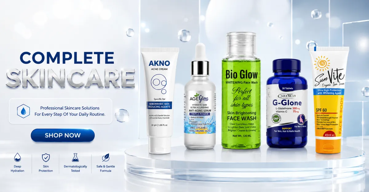 Luxury skincare collection featuring acne cream, anti-aging serum, face wash, glutathione tablets, and SPF 60 sunscreen.