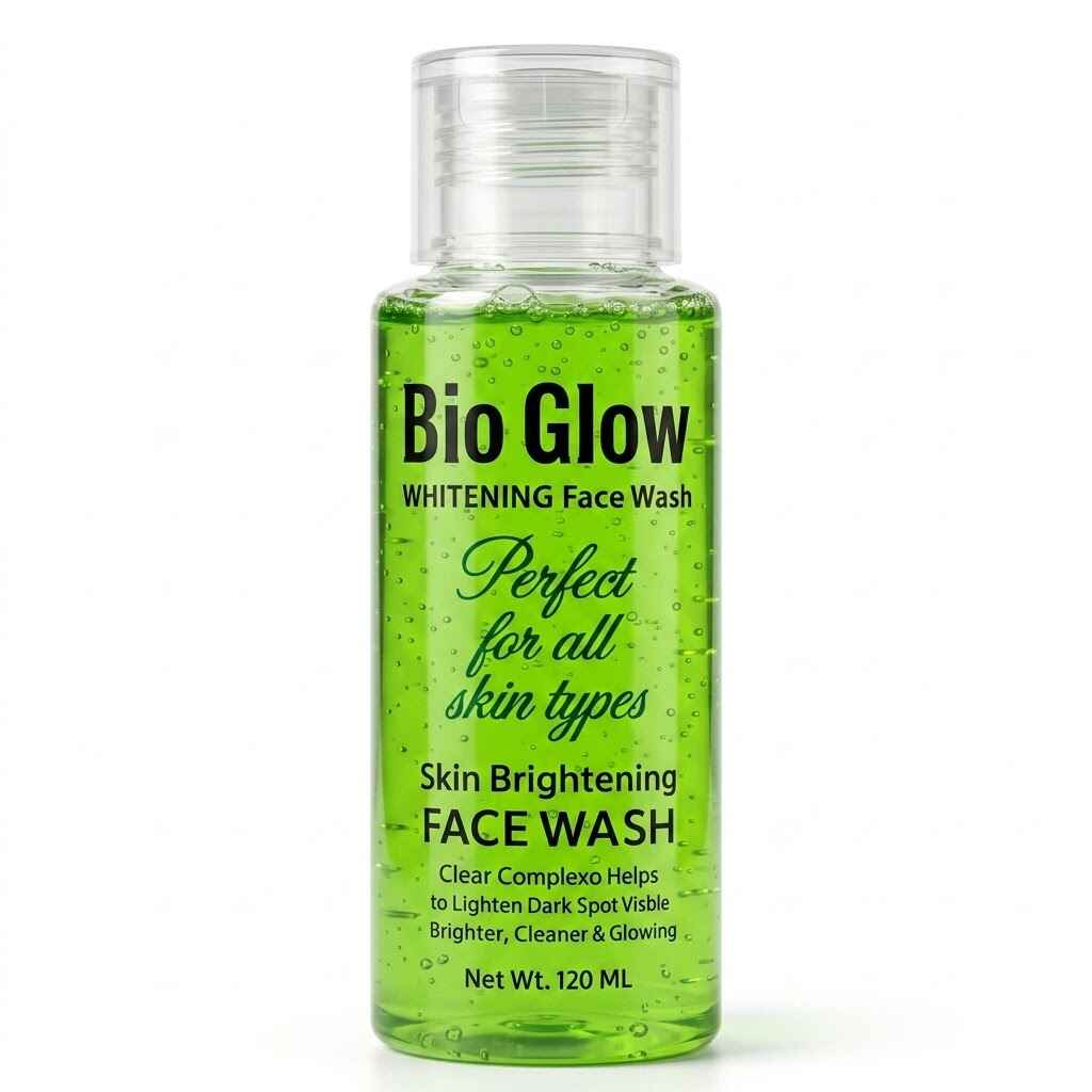 Bio Glow Whitening Face Wash - 120ml green gel bottle for skin brightening and all skin types