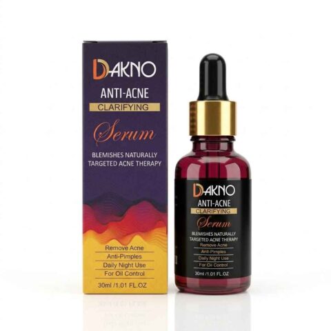 Dakno Anti-Acne Clarifying Serum 30ml dropper bottle standing next to its purple and yellow e-commerce product box
