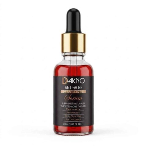 Dakno Anti-Acne Clarifying Serum 30ml glass bottle with a premium gold dropper cap for pimple and oil control.