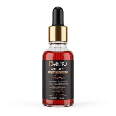 Dakno Anti-Acne Clarifying Serum 30ml glass bottle with a premium gold dropper cap for pimple and oil control.