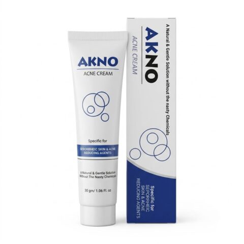 AKNO Acne Cream tube with retail box, seborrheic skin and acne reducing cream, 30g skincare treatment packaging.