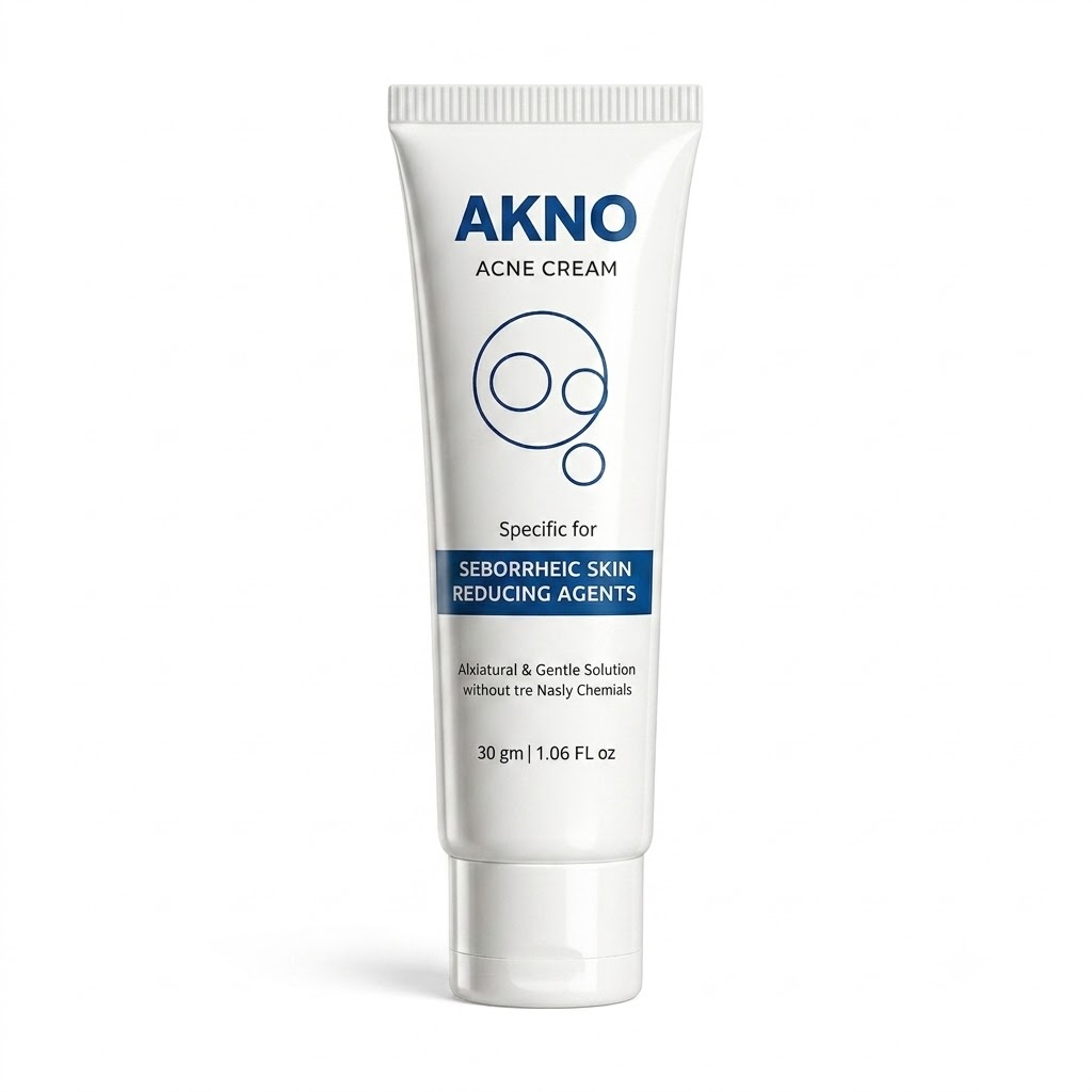 AKNO Acne Cream 30g tube for seborrheic skin and acne reduction, white skincare tube with blue branding.