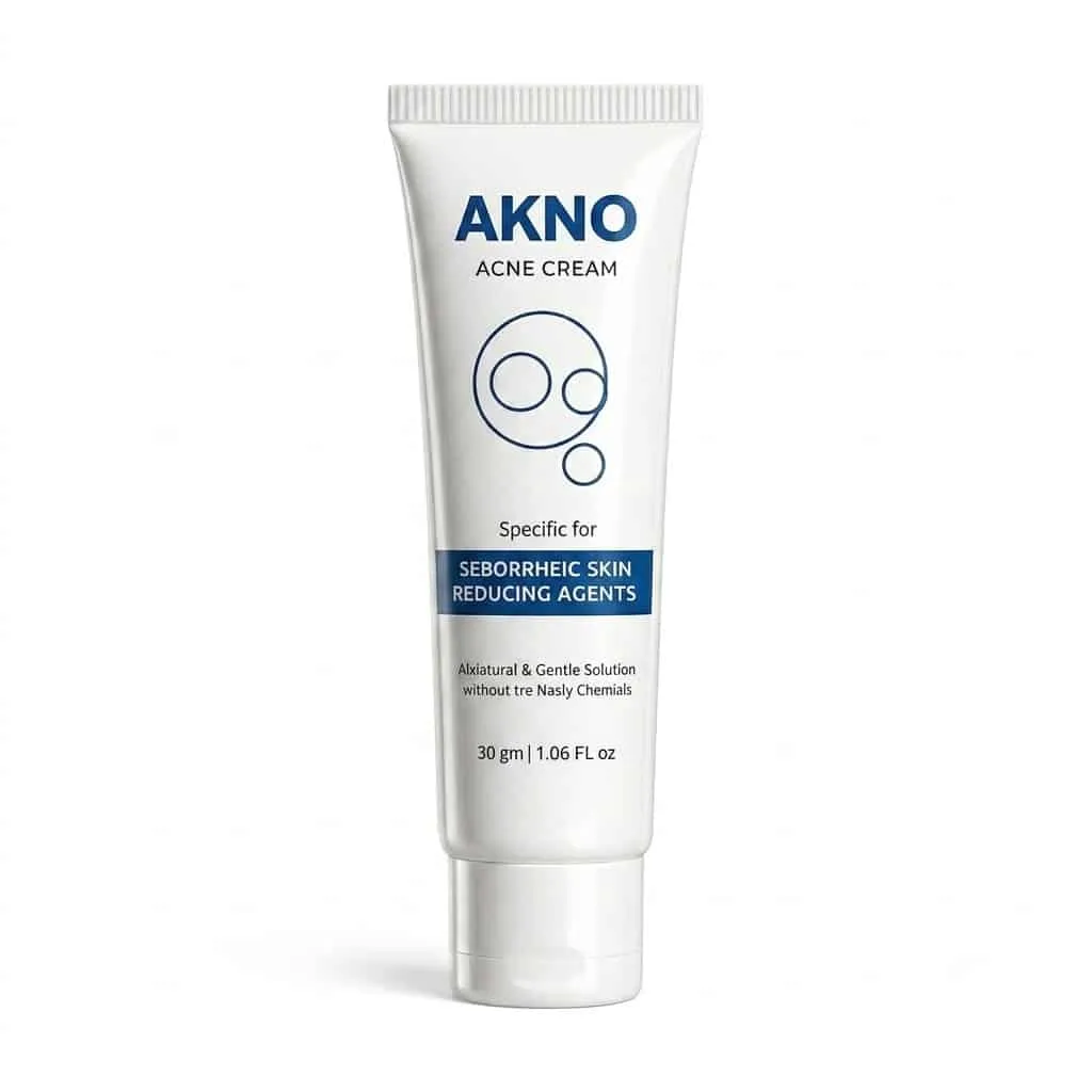 AKNO Acne Cream 30g tube for seborrheic skin and acne reduction, white skincare tube with blue branding.