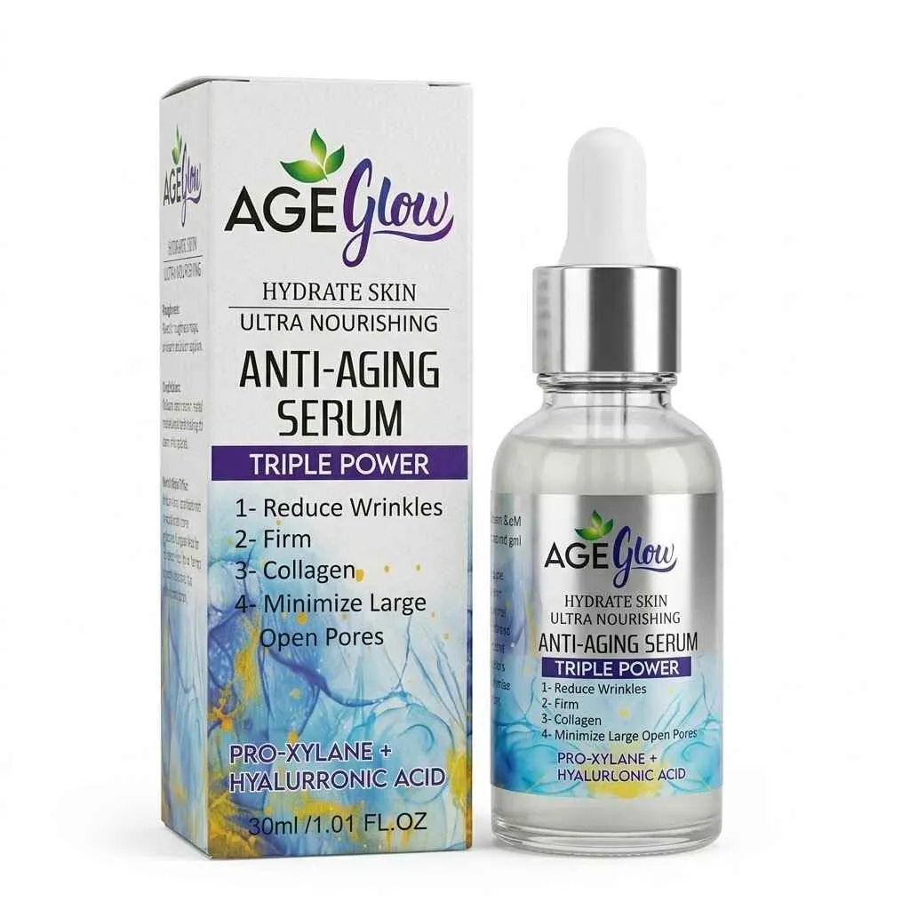 AgeGlow anti-aging serum 30ml bottle with Pro-Xylane and Hyaluronic Acid