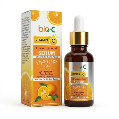 Vitamin C hyaluronic acid serum bottle and box packaging with orange design