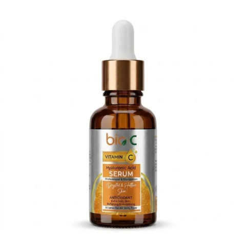 Glass dropper bottle of bio c vitamin C hyaluronic acid serum for glowing skin