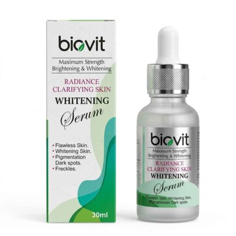 Biovit Maximum Strength Brightening and Whitening Serum, 30ml. Image shows the white product box listing key benefits: flawless skin, pigmentation dark spots, and freckles reduction, standing next to the glass dropper bottle with a silver cap.