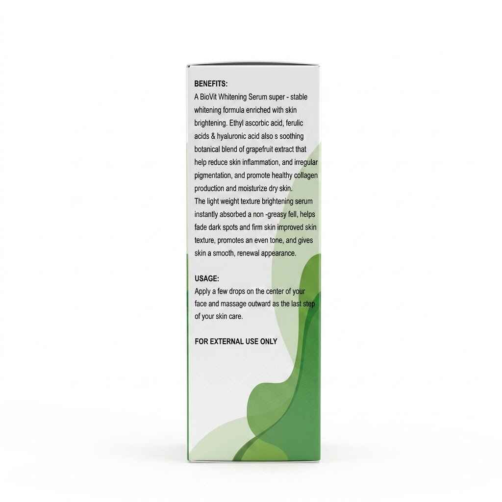 Biovit Whitening Serum back of box panel listing ingredients and benefits. Key ingredients visible include Ethyl Ascorbic Acid (Vitamin C), Ferulic Acids, Hyaluronic Acid, and Grapefruit Extract. The lightweight formula fades dark spots, promotes collagen, moisturizes dry skin, and evens skin tone. Includes usage directions for daily skin care.