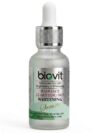 Close-up of the 30ml Bio-vit Radiance Clarifying Skin Whitening Serum glass bottle with silver and white dropper. The label emphasizes maximum strength skin brightening and reduction of pigmentation dark spots.