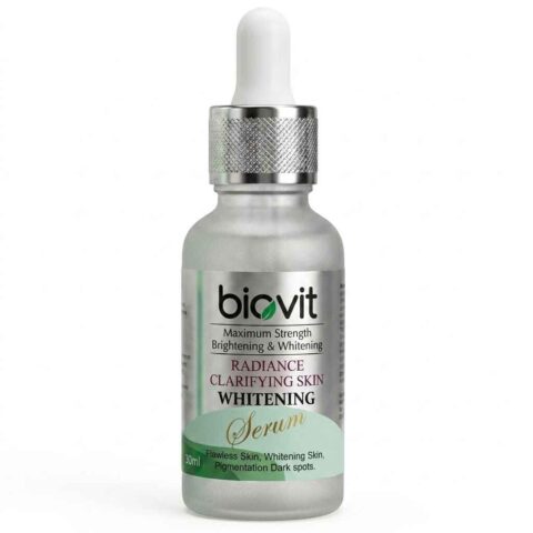 Close-up of the 30ml Bio-vit Radiance Clarifying Skin Whitening Serum glass bottle with silver and white dropper. The label emphasizes maximum strength skin brightening and reduction of pigmentation dark spots.