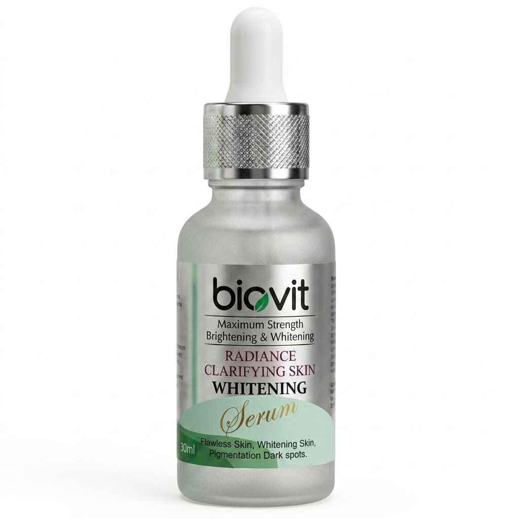 Close-up of the 30ml Bio-vit Radiance Clarifying Skin Whitening Serum glass bottle with silver and white dropper. The label emphasizes maximum strength skin brightening and reduction of pigmentation dark spots.