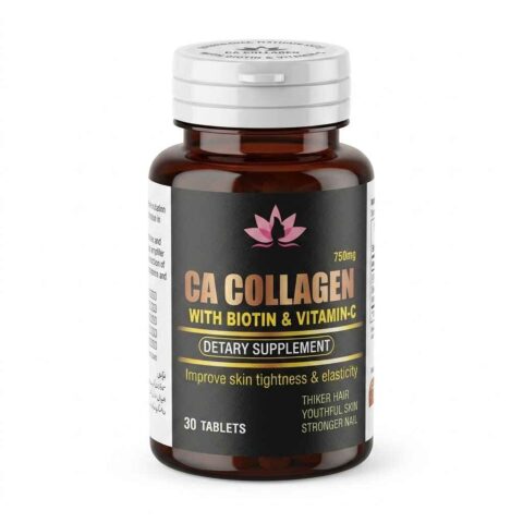 Ca Collagen Tablets with Biotin and Vitamin C 750mg front view bottle for skin elasticity, hair growth, and nail support