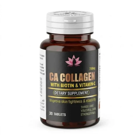 Ca Collagen Tablets with Biotin and Vitamin C 750mg front view bottle for skin elasticity, hair growth, and nail support