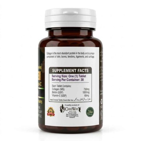 Ca Collagen Tablets supplement facts label showing collagen 750mg, biotin, and vitamin C nutritional information