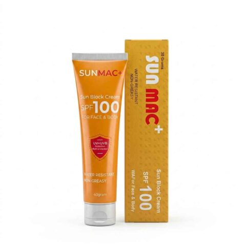 Orange Sunmac+ SPF 100 sun block cream tube beside retail box, water-resistant non-greasy sunscreen for face and body with UV protection