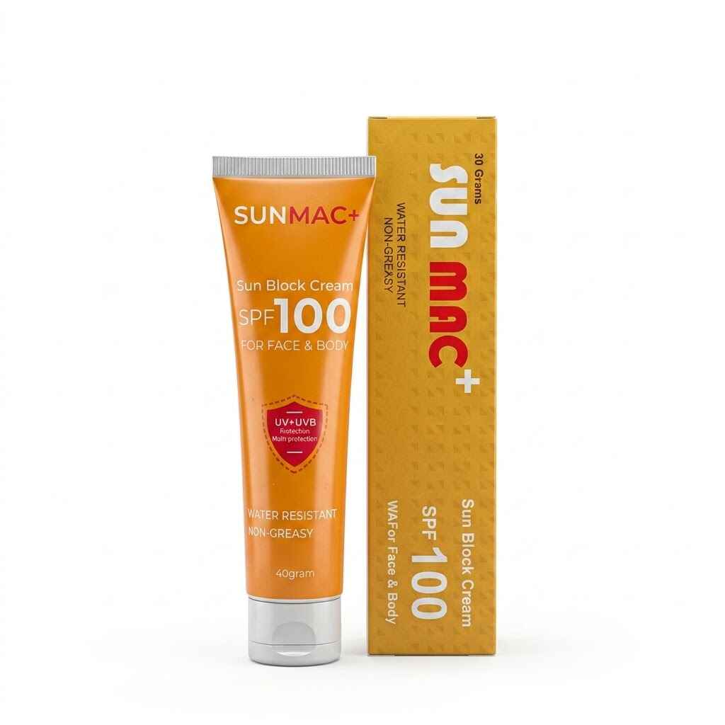 Orange Sunmac+ SPF 100 sun block cream tube beside retail box, water-resistant non-greasy sunscreen for face and body with UV protection