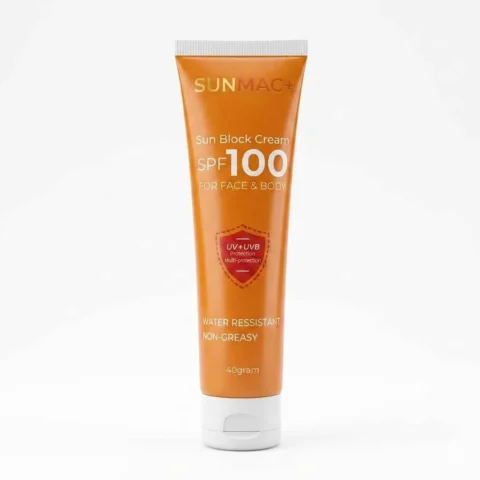 Orange Sunmac+ SPF 100 sunscreen tube with white cap, non-greasy water-resistant formula for face and body UV protection
