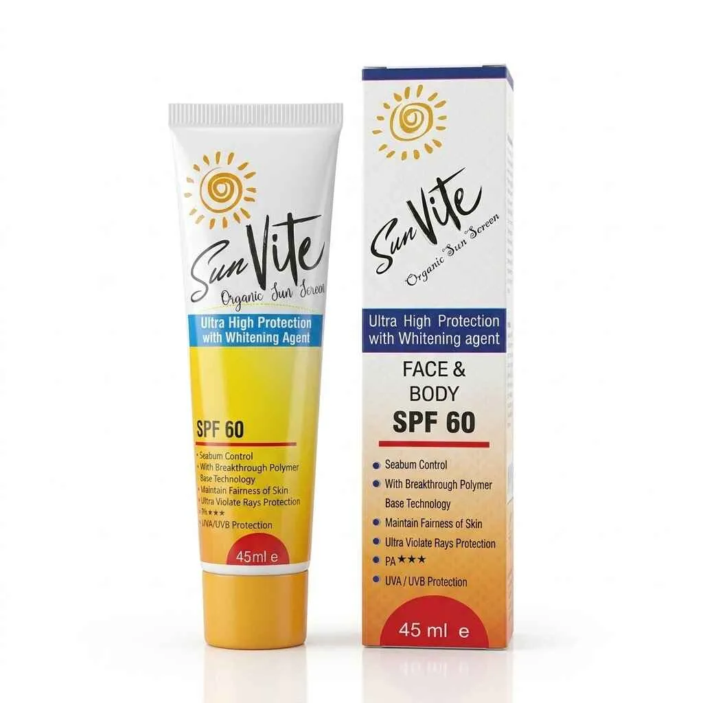 Sun Vite SunScreen SPF 60 face and body sunscreen with retail box packaging, organic sun screen with UVA UVB protection and 45ml tube