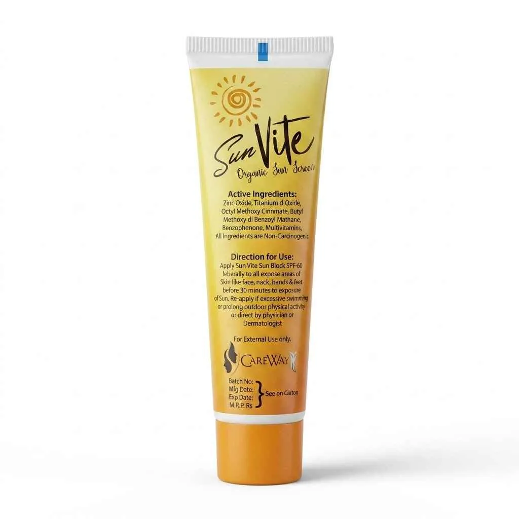 Sun Vite SunScreen SPF 60 back label showing ingredients, usage instructions, and UV protection details on 45ml sunscreen tube