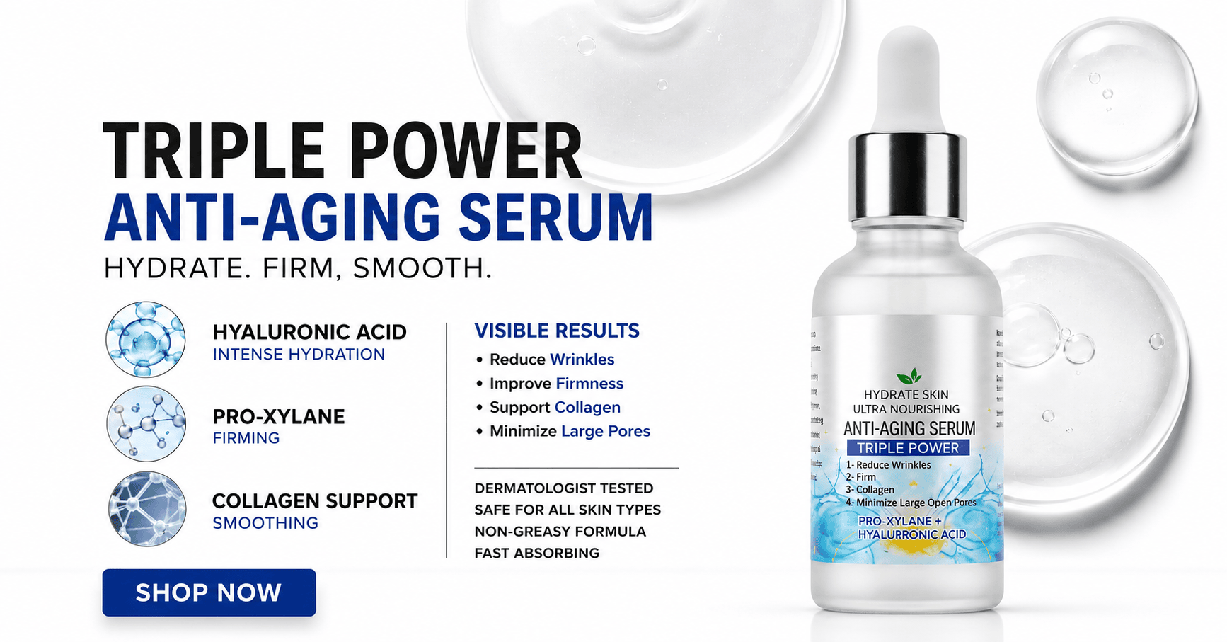 AgeGlow Triple Power Anti-Aging Serum with Hyaluronic Acid and Pro-Xylane for wrinkle reduction, firming, and skin hydration.