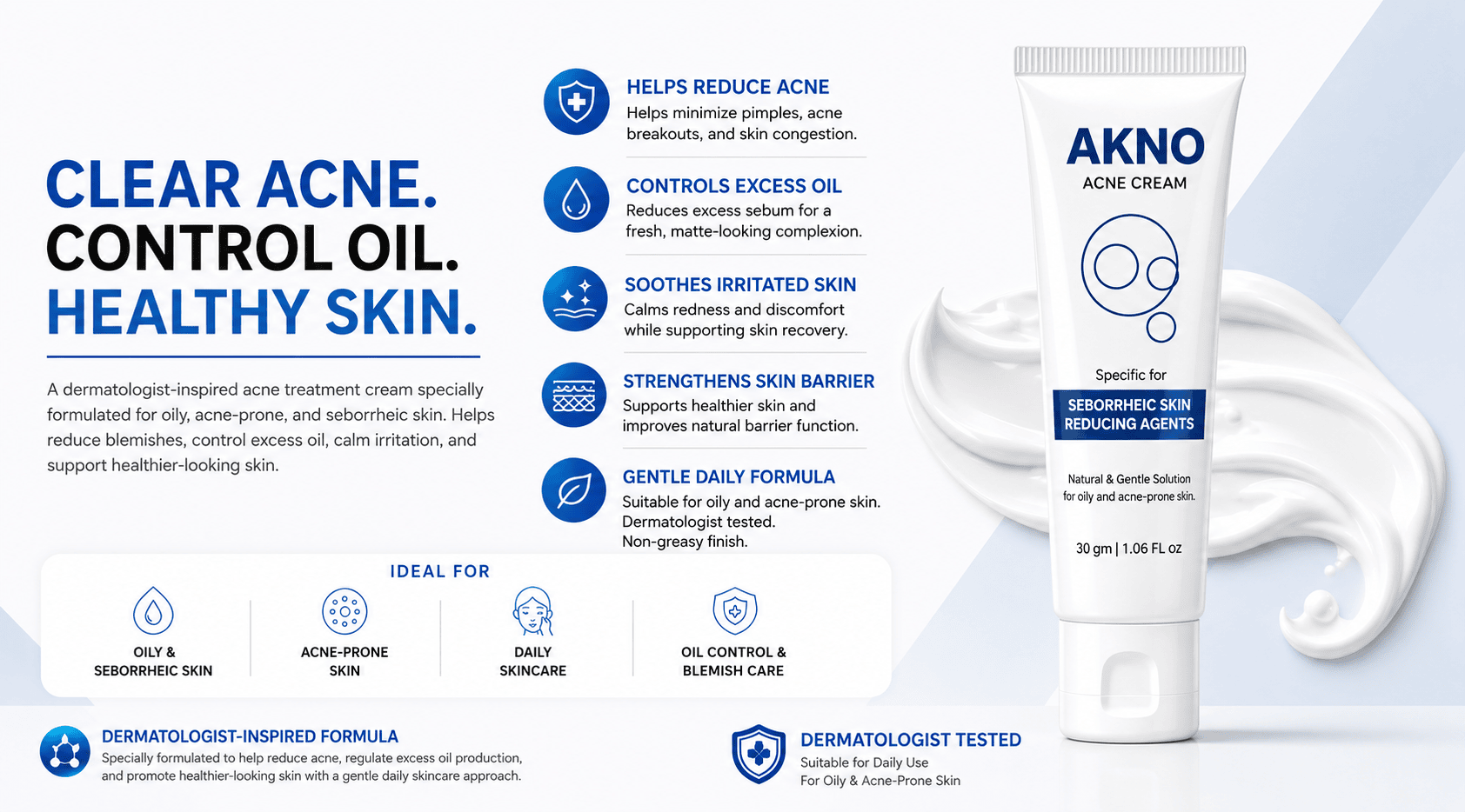 AKNO Acne Cream for oily and acne-prone skin with dermatologist-tested formula that helps reduce pimples, control excess oil, soothe irritated skin, and strengthen the skin barrier.