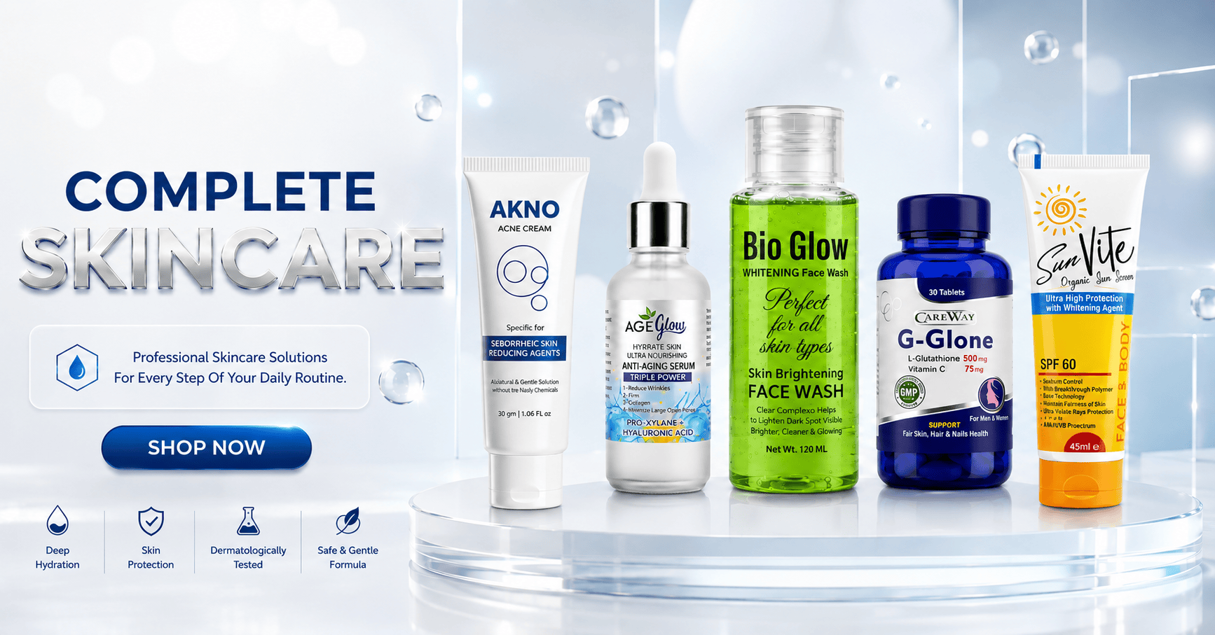 Luxury skincare collection featuring acne cream, anti-aging serum, face wash, glutathione tablets, and SPF 60 sunscreen.
