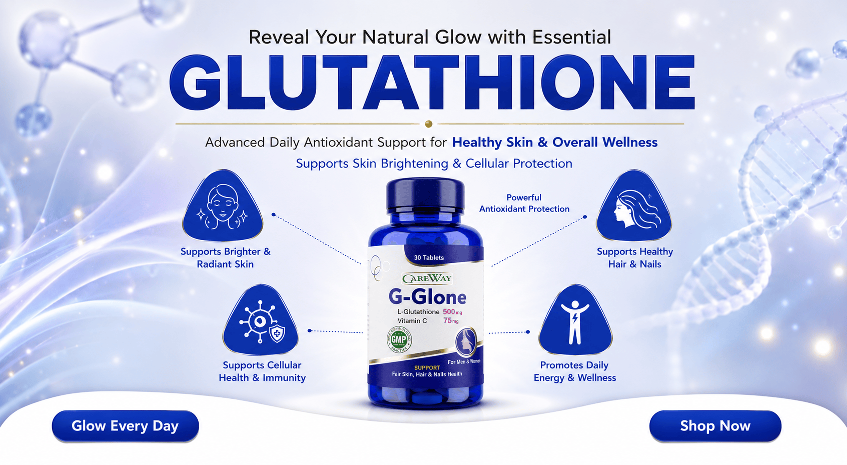 CareWay G-Glone L-Glutathione 500mg with Vitamin C 75mg supplement advertisement promoting antioxidant support for brighter skin, healthy hair, nails, and overall wellness.