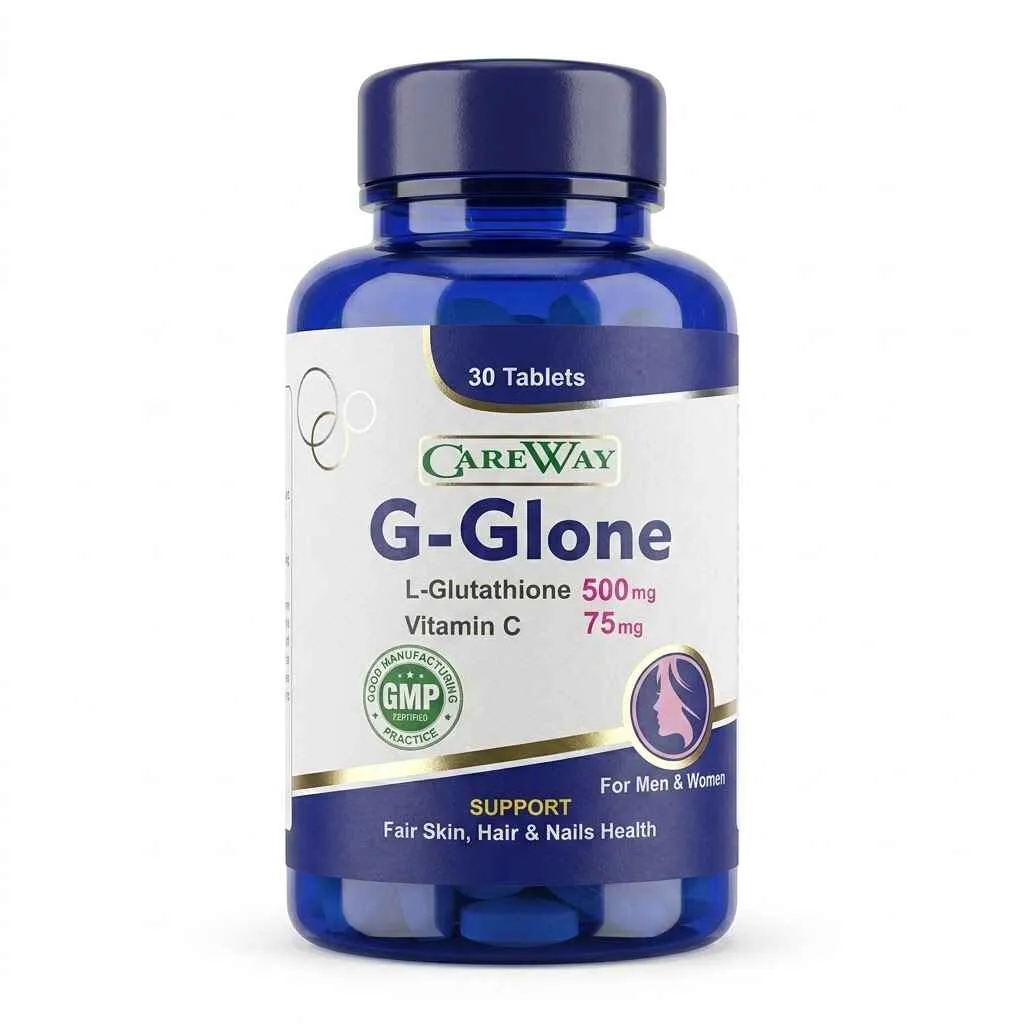 CareWay G Glone L-Glutathione 500mg and Vitamin C 75mg skin whitening supplement. Front view of a 30-tablet dark blue bottle highlighting fair skin, hair, and nails health support for men and women.