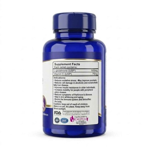 CareWay G-Glone supplement facts and medical indications label. Back of the bottle details L-glutathione benefits including reducing oxidative stress, liver health support, immune boost, anti-aging, and skin whitening.