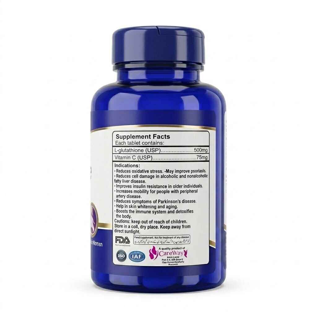 CareWay G-Glone supplement facts and medical indications label. Back of the bottle details L-glutathione benefits including reducing oxidative stress, liver health support, immune boost, anti-aging, and skin whitening.