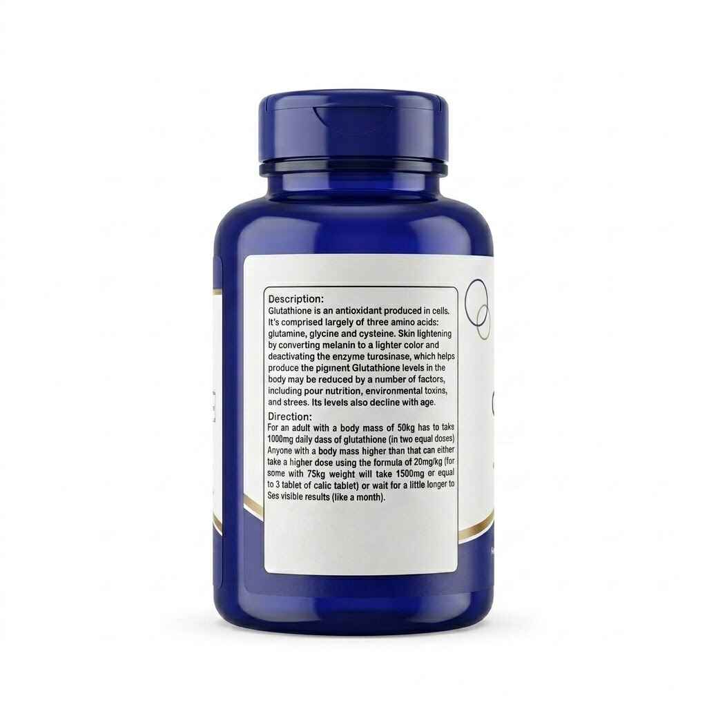 CareWay G-Glone supplement facts and medical indications label. Back of the bottle details L-glutathione benefits including reducing oxidative stress, liver health support, immune boost, anti-aging, and skin whitening.
